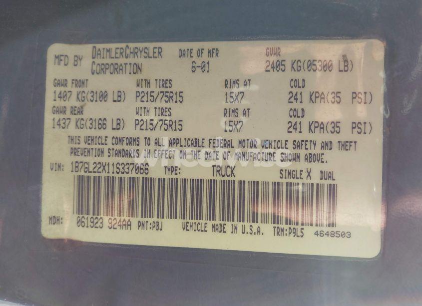 Photo 9 of 2001 Dodge Dakota SLT/SPORT (VIN 1B7GL22X11S337066)