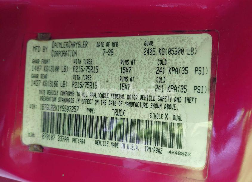 Photo 9 of 2000 Dodge Dakota SLT/SPORT (VIN 1B7GL22X1YS507257)