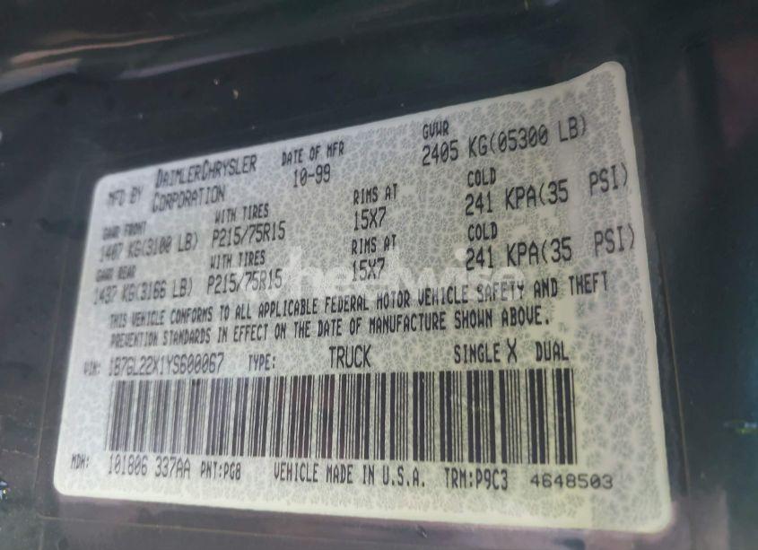 Photo 9 of 2000 Dodge Dakota SLT/SPORT (VIN 1B7GL22X1YS600067)