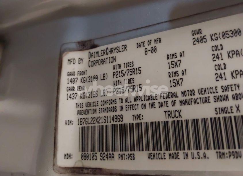 Photo 9 of 2001 Dodge Dakota SLT/SPORT (VIN 1B7GL22X21S114969)