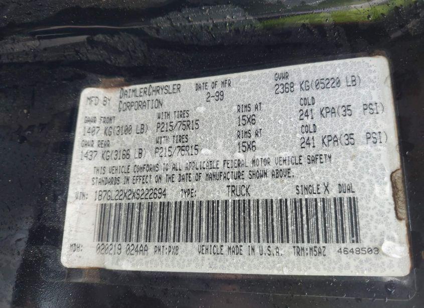 Photo 9 of 1999 Dodge Dakota SLT/SPORT (VIN 1B7GL22X2XS222694)