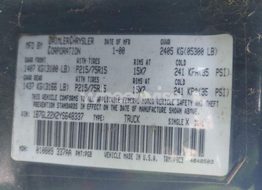 Photo 9 of 2000 Dodge Dakota SLT/SPORT (VIN 1B7GL22X2YS648337)