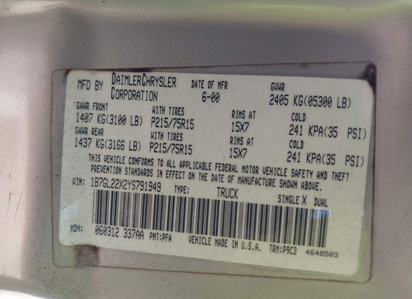 Photo 9 of 2000 Dodge Dakota SLT/SPORT (VIN 1B7GL22X2YS791949)