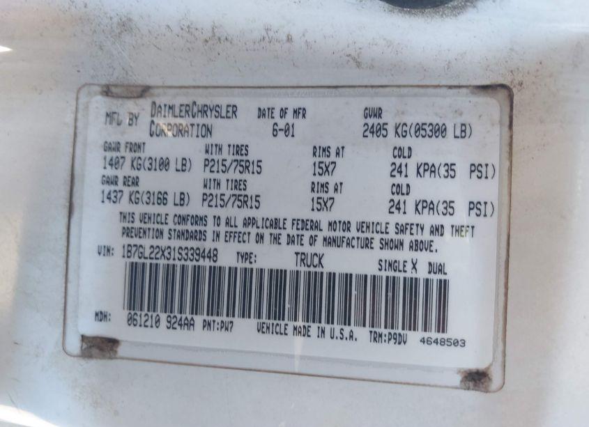 Photo 8 of 2001 Dodge Dakota SLT/SPORT (VIN 1B7GL22X31S339448)