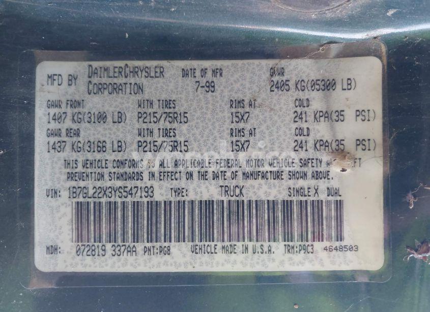 Photo 9 of 2000 Dodge Dakota SLT/SPORT (VIN 1B7GL22X3YS547193)