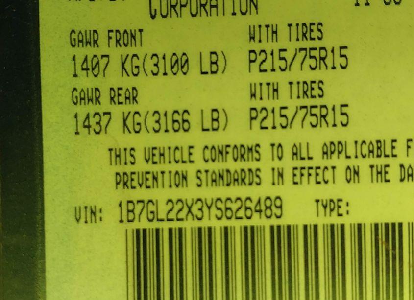 Photo 9 of 2000 Dodge Dakota SLT/SPORT (VIN 1B7GL22X3YS626489)