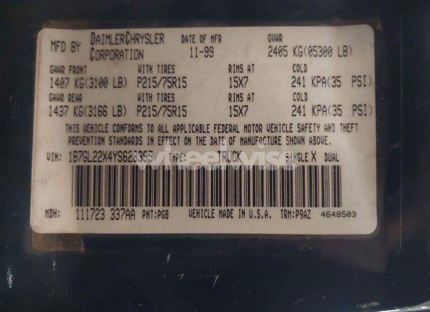 Photo 9 of 2000 Dodge Dakota SLT/SPORT (VIN 1B7GL22X4YS628395)