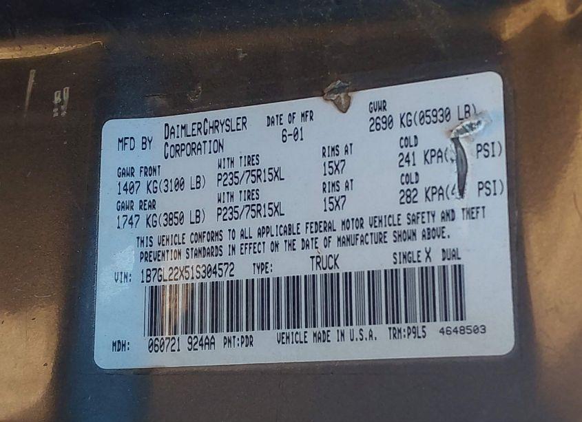 Photo 9 of 2001 Dodge Dakota SLT/SPORT (VIN 1B7GL22X51S304572)