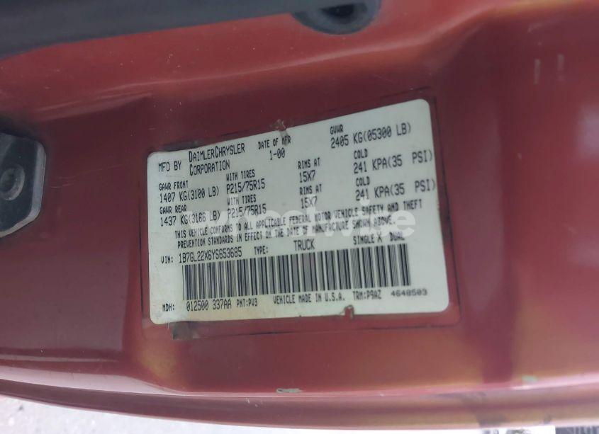 Photo 9 of 2000 Dodge Dakota SLT/SPORT (VIN 1B7GL22X6YS653685)