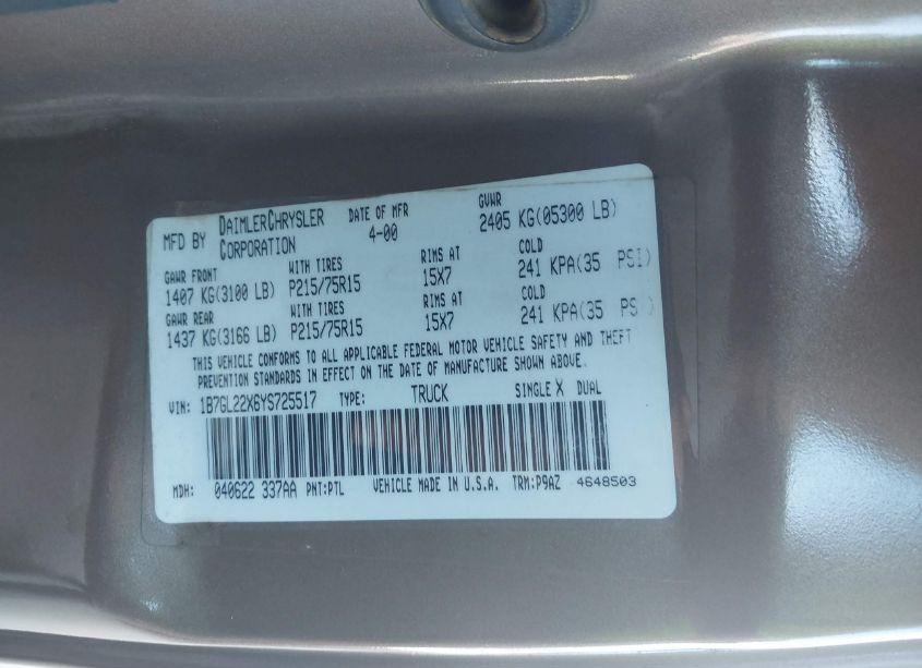 Photo 9 of 2000 Dodge Dakota SLT/SPORT (VIN 1B7GL22X6YS725517)