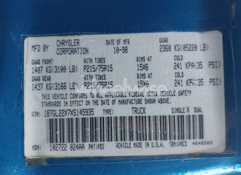 Photo 9 of 1999 Dodge Dakota SLT/SPORT (VIN 1B7GL22X7XS145935)