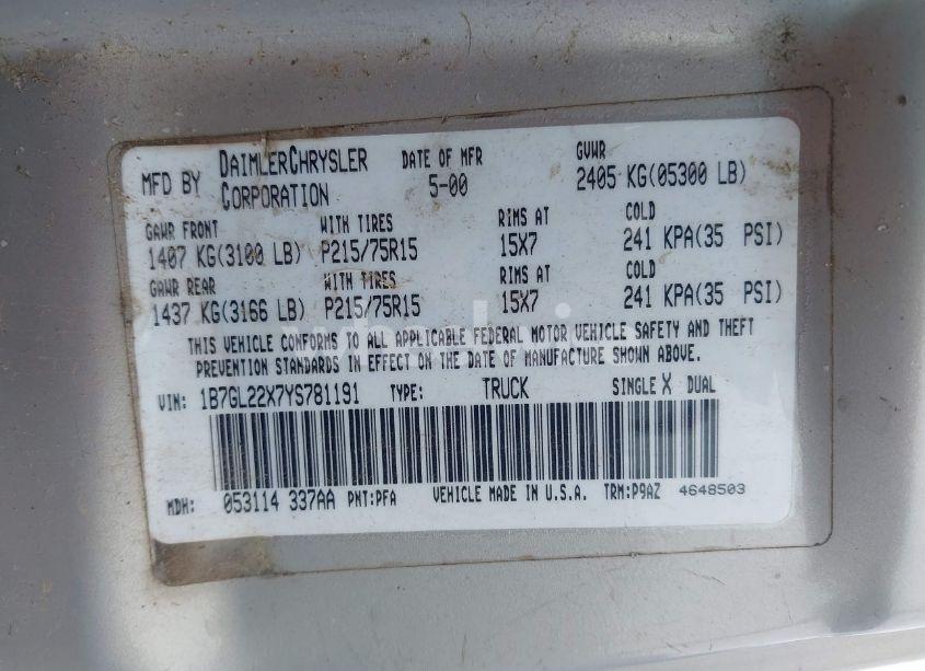 Photo 9 of 2000 Dodge Dakota SLT/SPORT (VIN 1B7GL22X7YS781191)