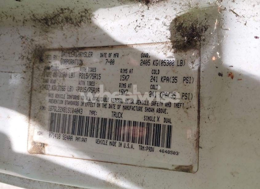 Photo 9 of 2001 Dodge Dakota SLT/SPORT (VIN 1B7GL22X81S104043)