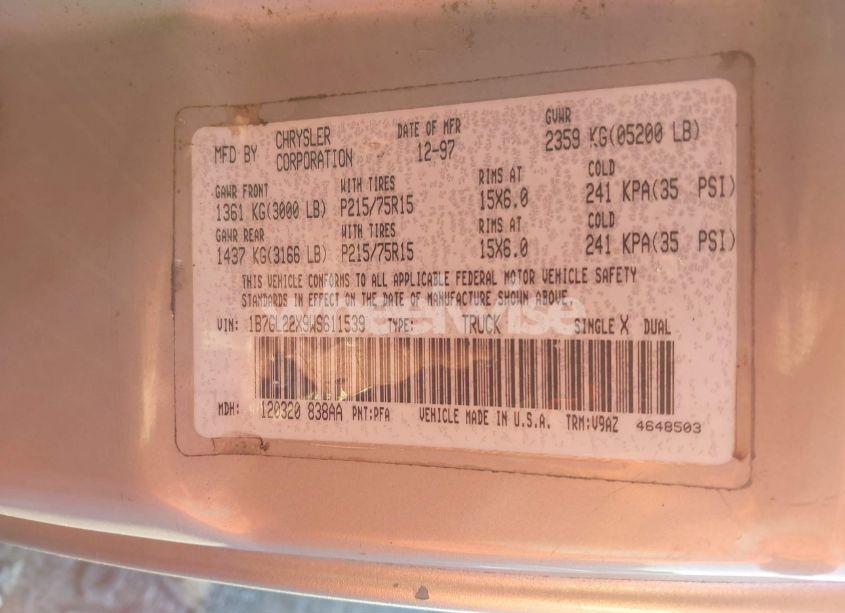 Photo 9 of 1998 Dodge Dakota SLT/SPORT (VIN 1B7GL22X9WS611539)