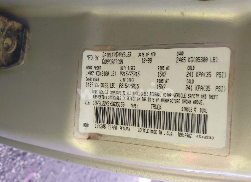 Photo 9 of 2000 Dodge Dakota SLT/SPORT (VIN 1B7GL22X9YS635150)