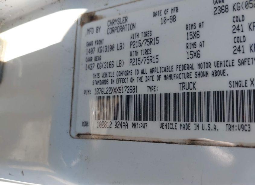 Photo 9 of 1999 Dodge Dakota SLT/SPORT (VIN 1B7GL22XXXS173681)