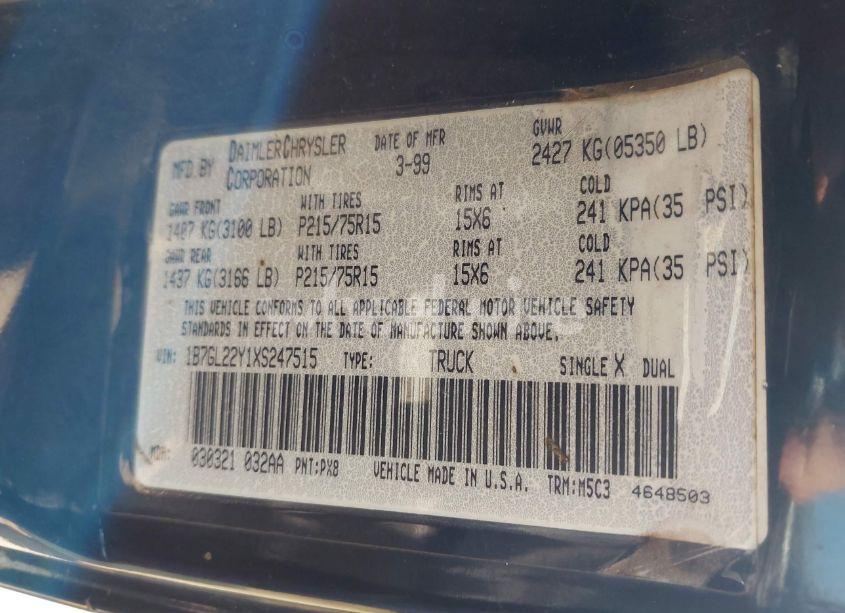 Photo 9 of 1999 Dodge Dakota SLT/SPORT (VIN 1B7GL22Y1XS247515)