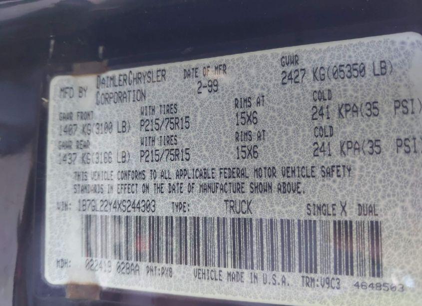 Photo 9 of 1999 Dodge Dakota SLT/SPORT (VIN 1B7GL22Y4XS244303)