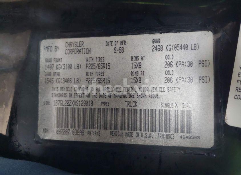 Photo 9 of 1999 Dodge Dakota SPORT (VIN 1B7GL22ZXXS129018)