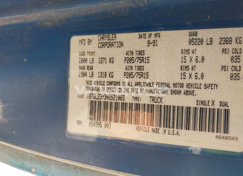 Photo 9 of 1992 Dodge Dakota (VIN 1B7GL23Y3NS521065)