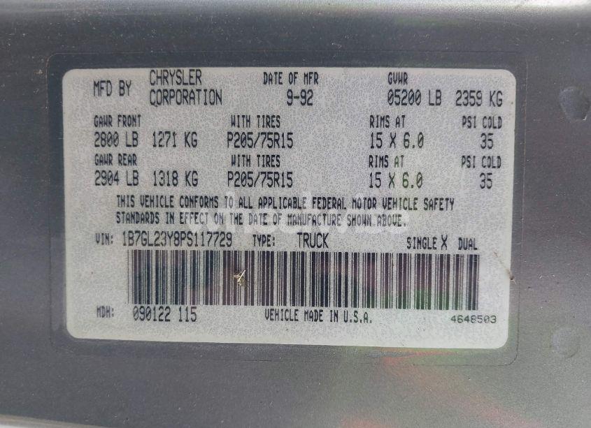 Photo 9 of 1993 Dodge Dakota (VIN 1B7GL23Y8PS117729)