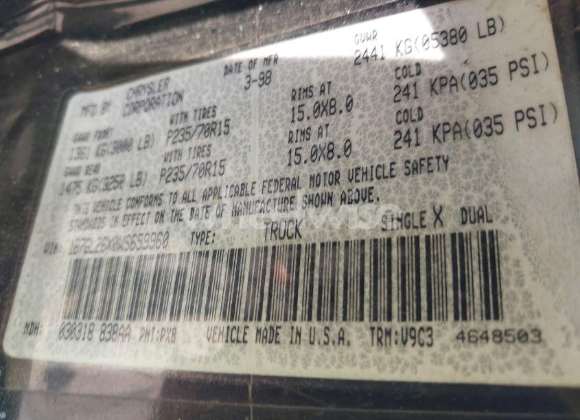 Photo 9 of 1998 Dodge Dakota SLT/SPORT (VIN 1B7GL26X0WS659960)