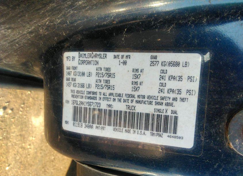 Photo 9 of 2000 Dodge Dakota SLT/SPORT (VIN 1B7GL2AN1YS671723)