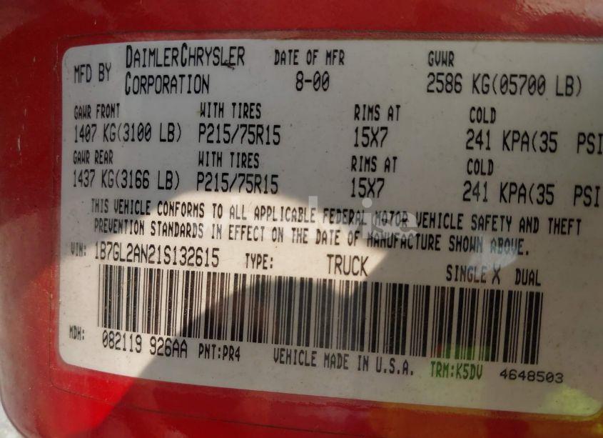 Photo 9 of 2001 Dodge Dakota SLT/SPORT (VIN 1B7GL2AN21S132615)