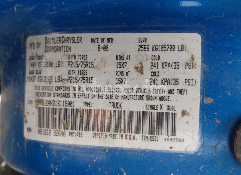 Photo 9 of 2001 Dodge Dakota SLT/SPORT (VIN 1B7GL2AN31S115001)