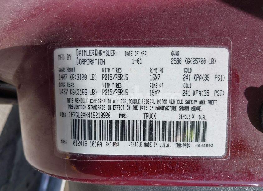 Photo 9 of 2001 Dodge Dakota SLT/SPORT (VIN 1B7GL2AN41S219920)