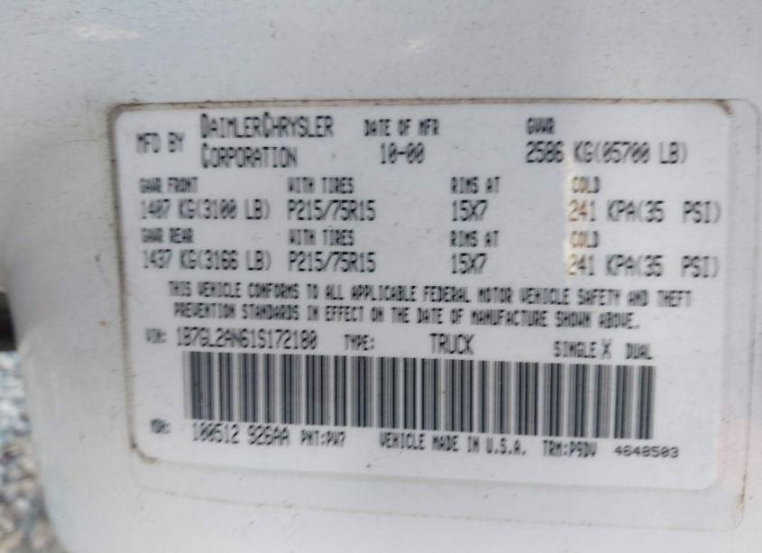 Photo 9 of 2001 Dodge Dakota SLT/SPORT (VIN 1B7GL2AN61S172180)