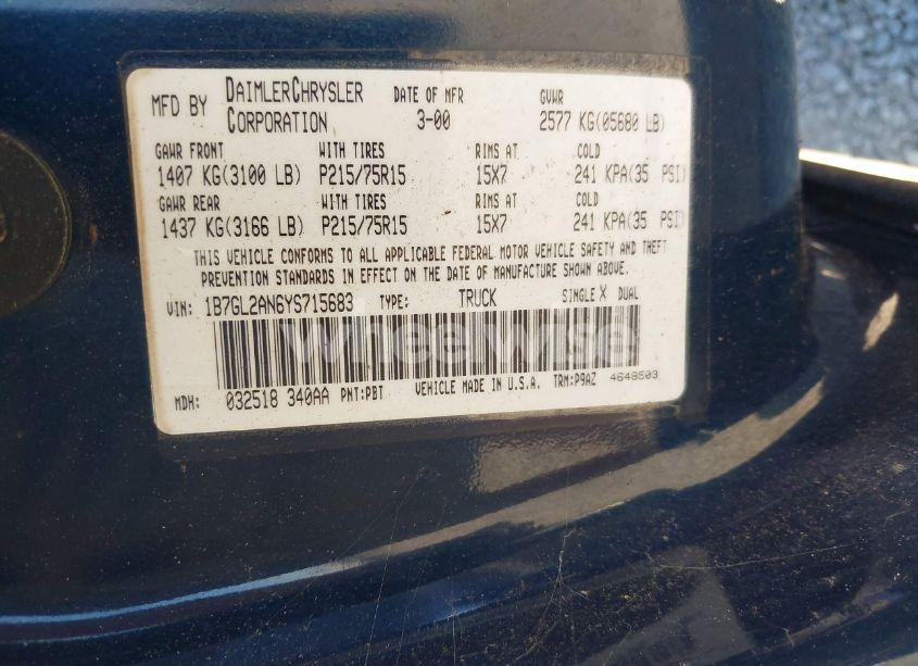 Photo 9 of 2000 Dodge Dakota SLT/SPORT (VIN 1B7GL2AN6YS715683)