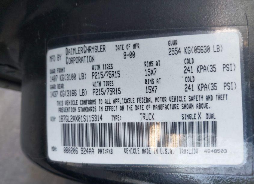 Photo 9 of 2001 Dodge Dakota SLT/SPORT (VIN 1B7GL2AX01S115314)