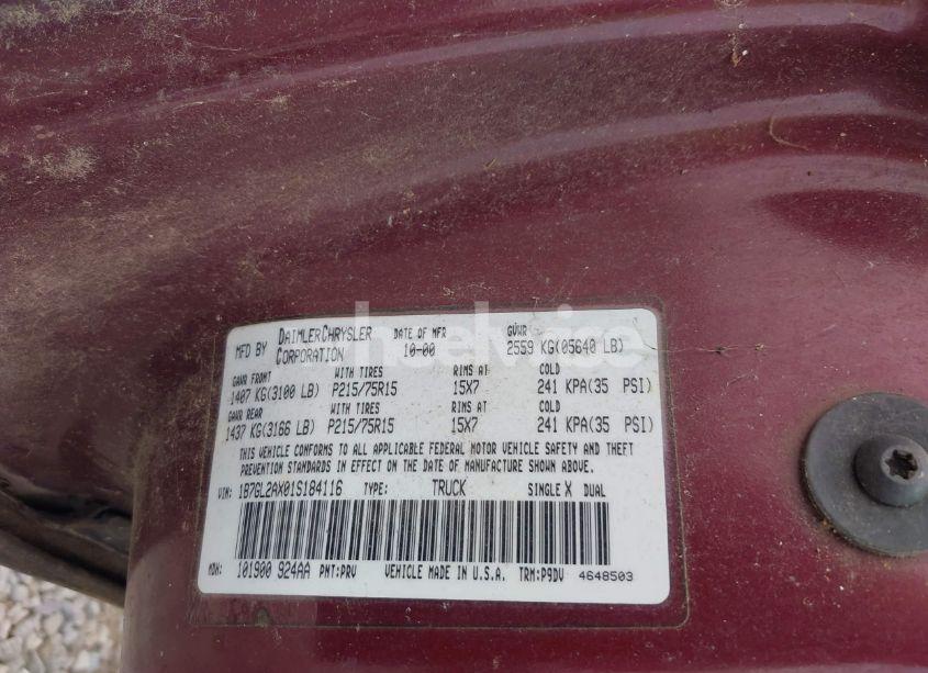Photo 9 of 2001 Dodge Dakota SLT/SPORT (VIN 1B7GL2AX01S184116)