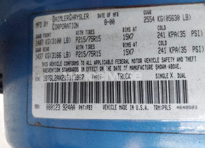 Photo 9 of 2001 Dodge Dakota SLT/SPORT (VIN 1B7GL2AX21S113967)