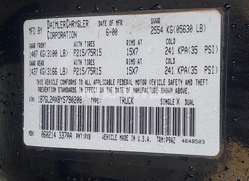 Photo 9 of 2000 Dodge Dakota SLT/SPORT (VIN 1B7GL2AX8YS790208)