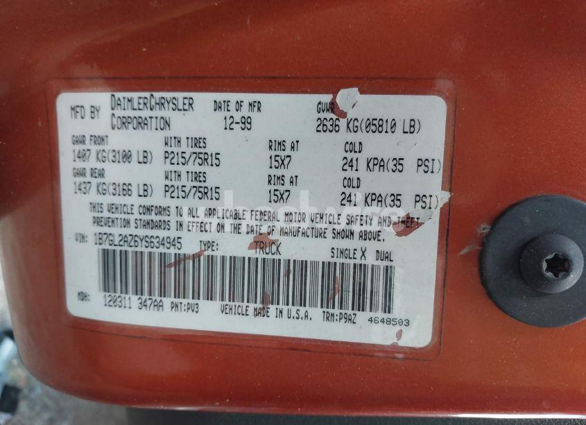 Photo 9 of 2000 Dodge Dakota SLT/SPORT (VIN 1B7GL2AZ6YS634945)