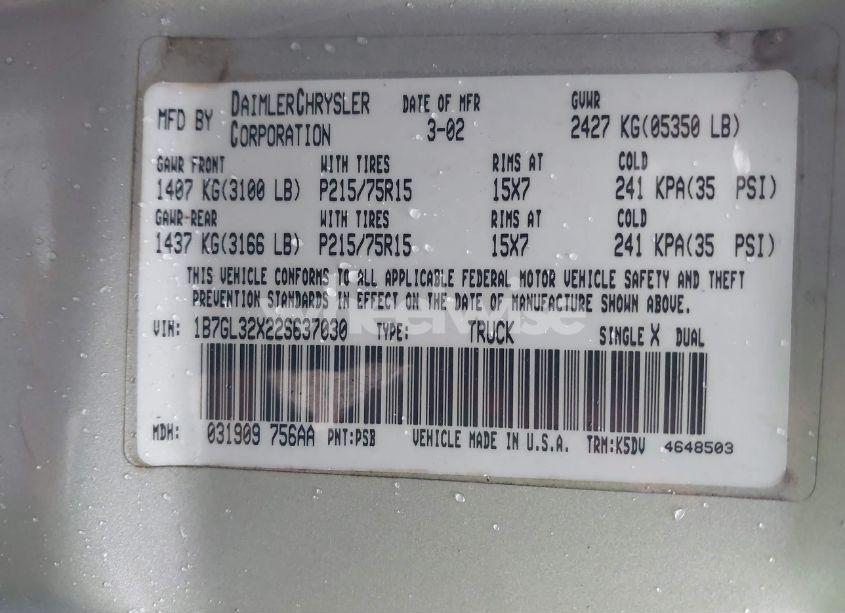 Photo 9 of 2002 Dodge Dakota SPORT (VIN 1B7GL32X22S637030)