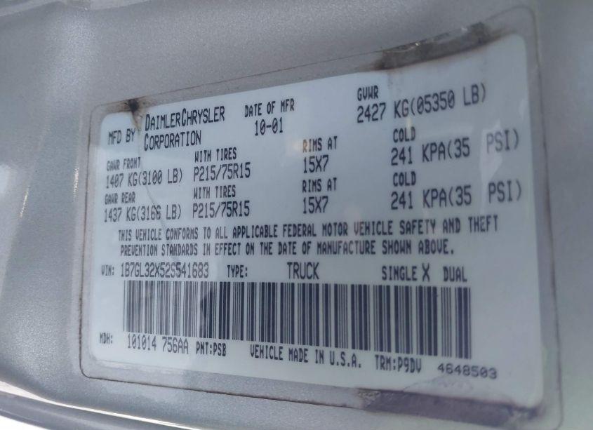 Photo 9 of 2002 Dodge Dakota SPORT (VIN 1B7GL32X52S541683)