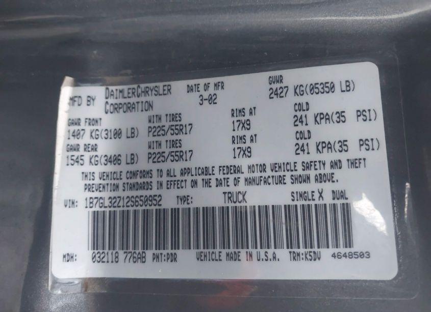 Photo 9 of 2002 Dodge Dakota SPORT (VIN 1B7GL32Z12S650952)