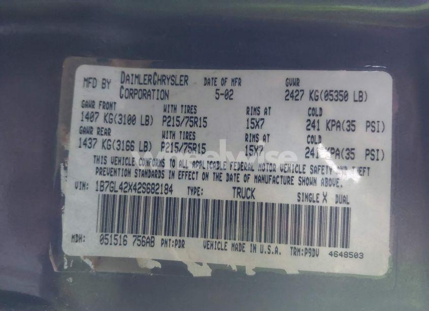 Photo 9 of 2002 Dodge Dakota SLT (VIN 1B7GL42X42S682184)