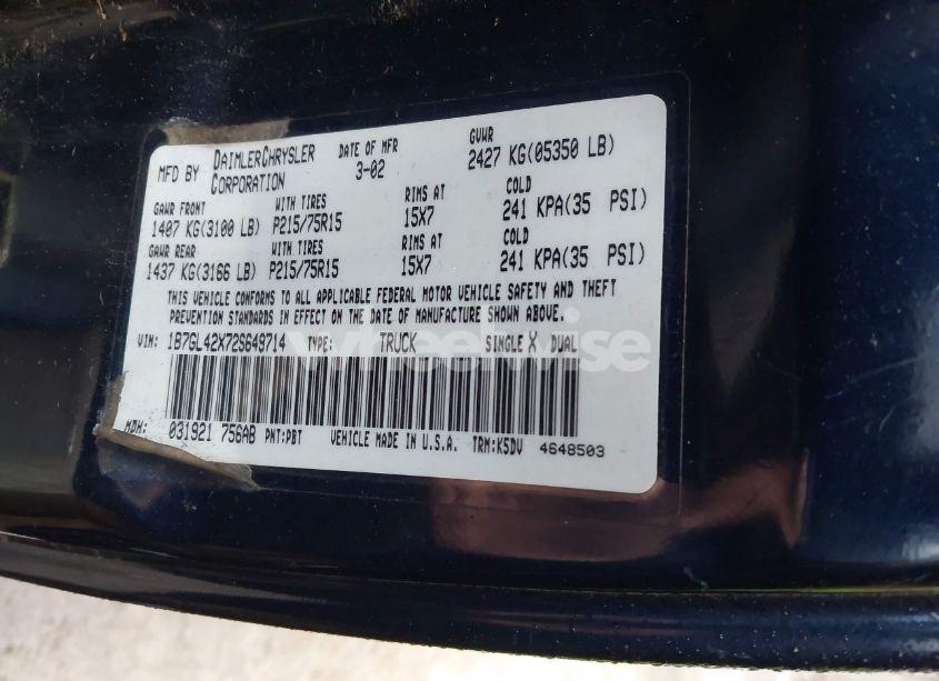 Photo 9 of 2002 Dodge Dakota SLT (VIN 1B7GL42X72S649714)