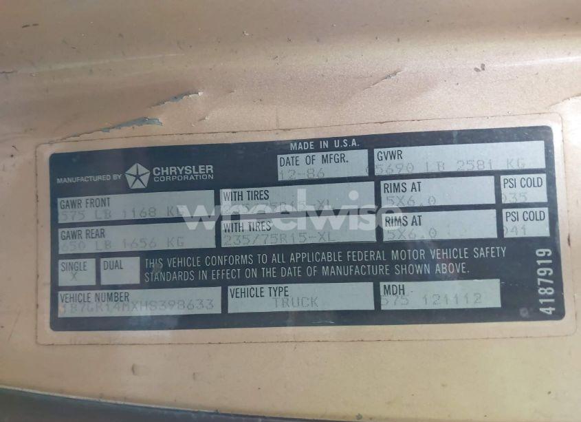 Photo 9 of 1987 Dodge Dakota N/A (VIN 1B7GR14MXHS398633)