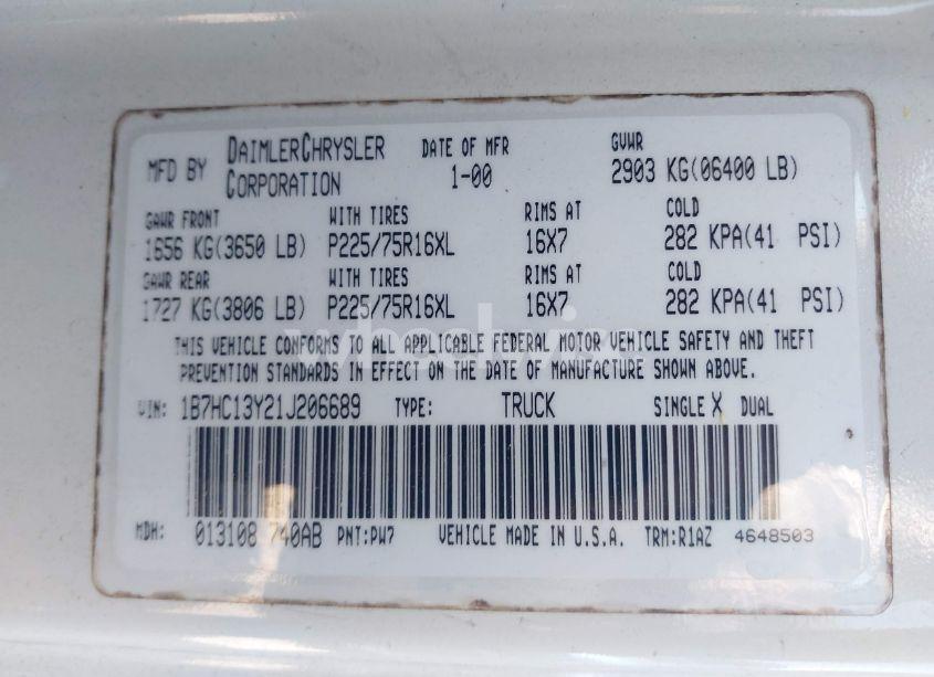 Photo 9 of 2001 Dodge Ram 1500 ST (VIN 1B7HC13Y21J206689)