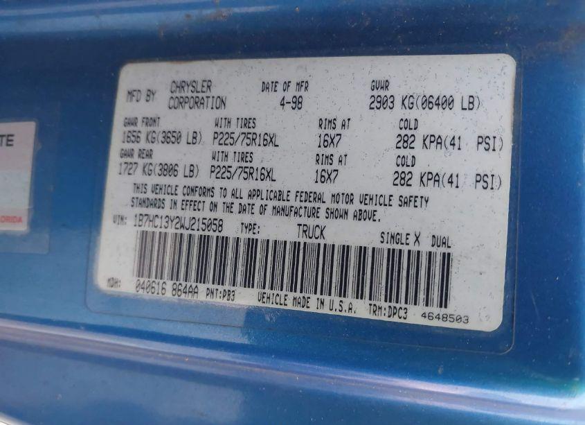 Photo 9 of 1998 Dodge Ram 1500 ST (VIN 1B7HC13Y2WJ215058)