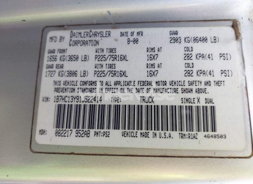 Photo 9 of 2001 Dodge Ram 1500 ST (VIN 1B7HC13Y91J522414)