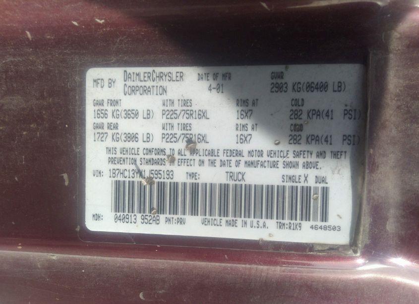 Photo 9 of 2001 Dodge Ram 1500 ST (VIN 1B7HC13YX1J595193)