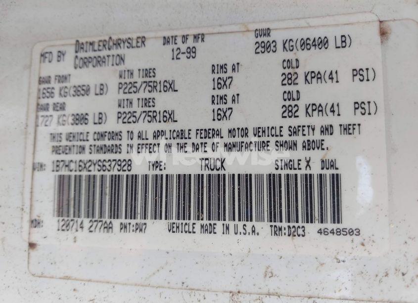 Photo 9 of 2000 Dodge Ram 1500 ST/WS (VIN 1B7HC16X2YS637928)