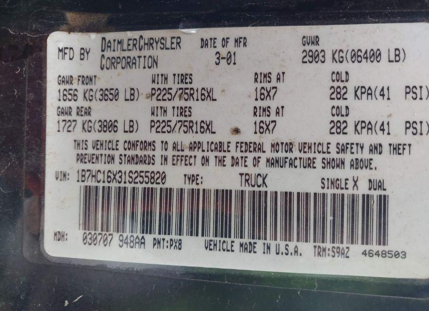 Photo 9 of 2001 Dodge Ram 1500 (VIN 1B7HC16X31S255820)