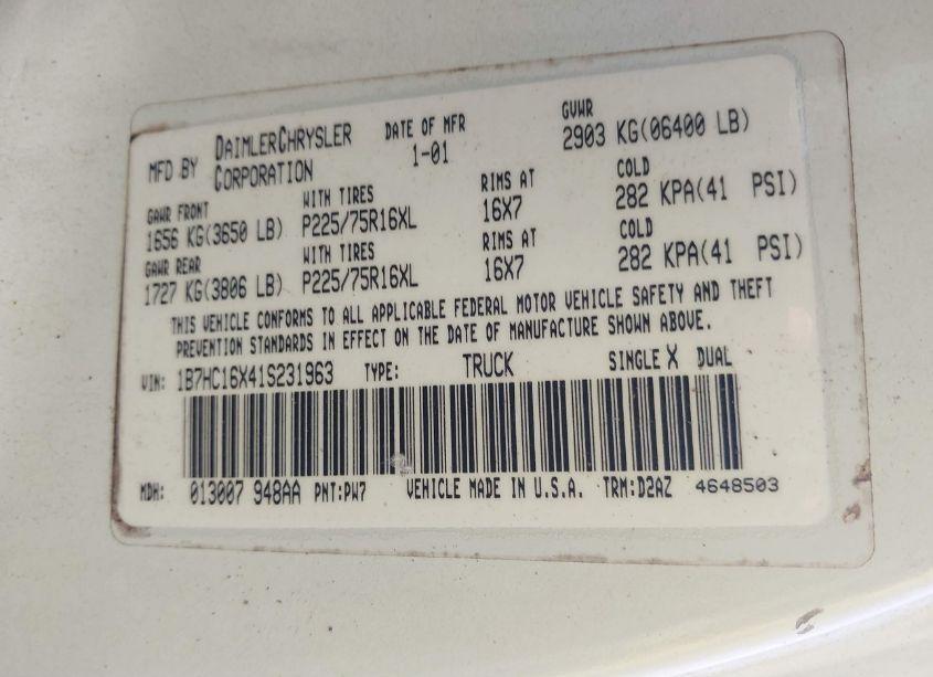 Photo 9 of 2001 Dodge Ram 1500 ST/WS (VIN 1B7HC16X41S231963)